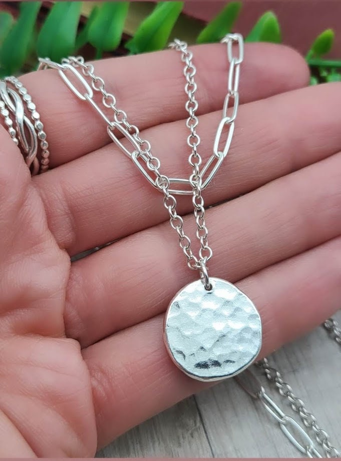 Silver Coin Necklace, Hammered Silver Disc Necklace, Sterling Silver Charm Necklace, Silver Jangly Necklace, Silver Layering store Necklace