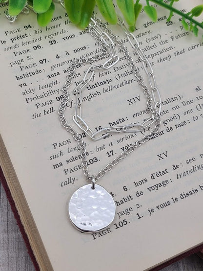 Sterling Silver Hammered Coin and Paperclip Necklace / Thick Disc / Hammered Disc Pendant / Layering Set