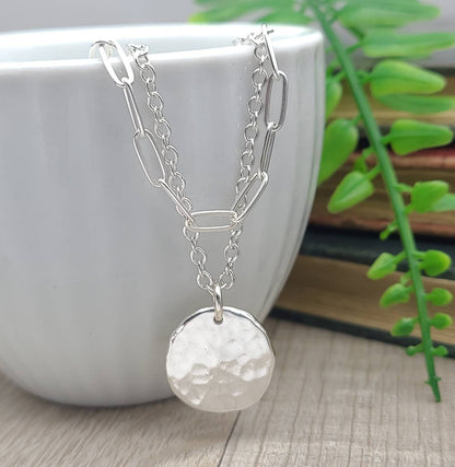 Sterling Silver Hammered Coin and Paperclip Necklace / Thick Disc / Hammered Disc Pendant / Layering Set