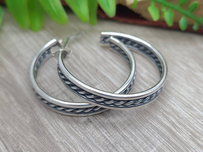 Sterling Wide Hoop Earrings / Large Hoops / Twisted / Ornate