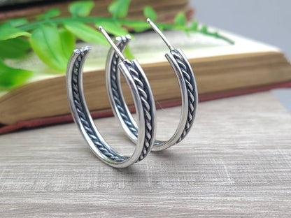 Sterling Wide Hoop Earrings / Large Hoops / Twisted / Ornate