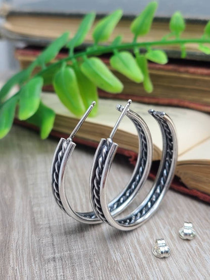 Sterling Wide Hoop Earrings / Large Hoops / Twisted / Ornate