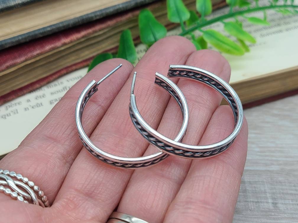 Sterling Wide Hoop Earrings / Large Hoops / Twisted / Ornate