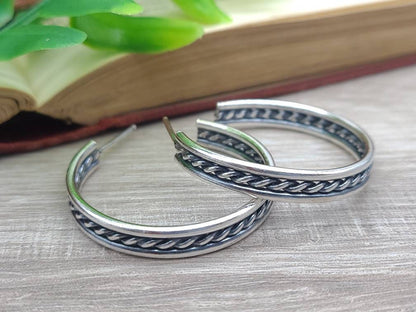 Sterling Wide Hoop Earrings / Large Hoops / Twisted / Ornate