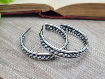 Sterling Wide Hoop Earrings / Large Hoops / Twisted / Ornate