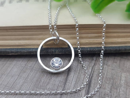 Sterling Circle Diamond CZ Necklace / Floating Diamond / Minimalist