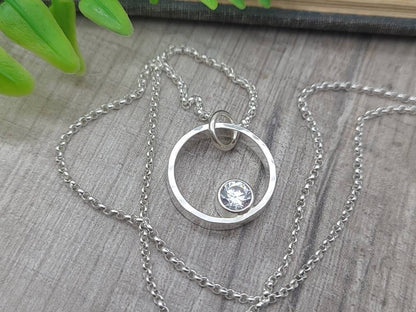 Sterling Circle Diamond CZ Necklace / Floating Diamond / Minimalist