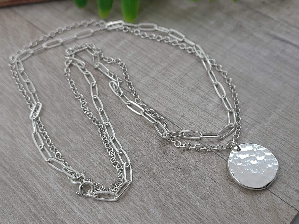 Sterling Silver Hammered Coin and Paperclip Necklace / Thick Disc / Hammered Disc Pendant / Layering Set