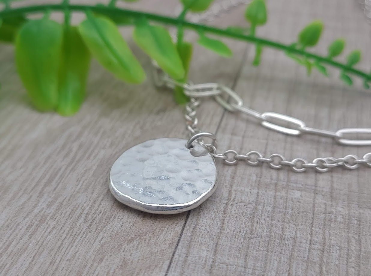 Sterling Silver Hammered Coin and Paperclip Necklace / Thick Disc / Hammered Disc Pendant / Layering Set