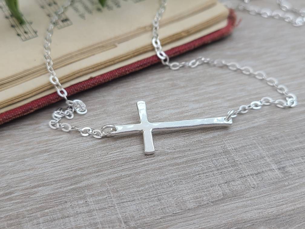 Sterling Silver Sideways Cross Necklace /  Faith /  Inspirational Jewelry