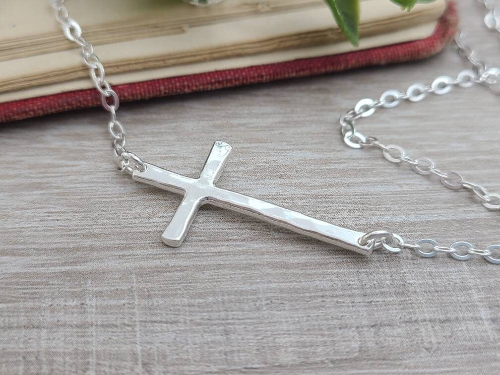 Sterling Silver Sideways Cross Necklace /  Faith /  Inspirational Jewelry