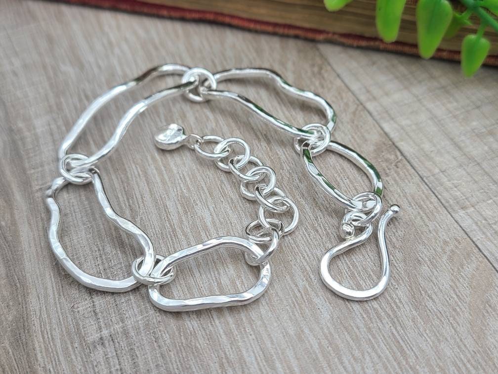 Sterling Silver Freeform Chain Link Bracelet / Hand Forged / Thick