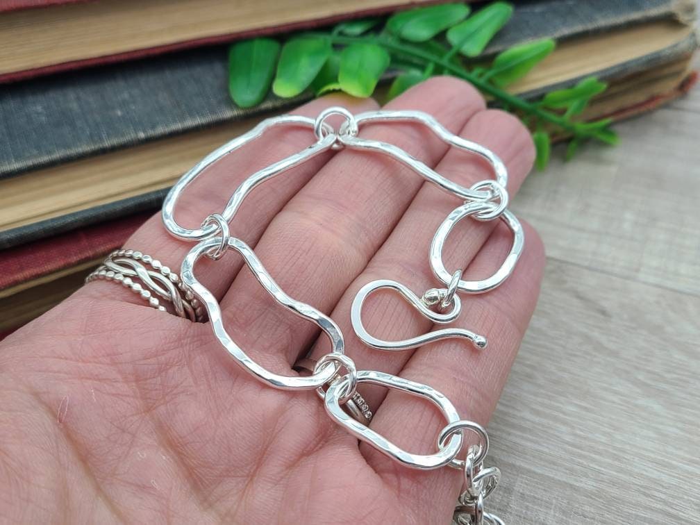 Sterling Silver Freeform Chain Link Bracelet / Hand Forged / Thick