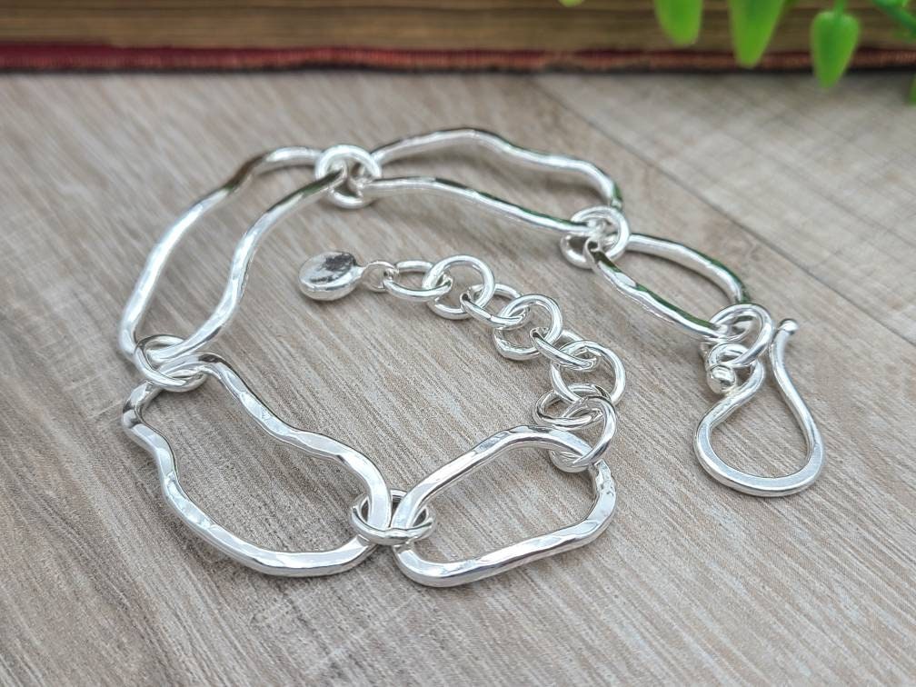 Sterling Silver Freeform Chain Link Bracelet / Hand Forged / Thick