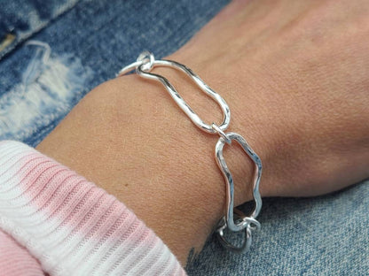 Sterling Silver Freeform Chain Link Bracelet / Hand Forged / Thick