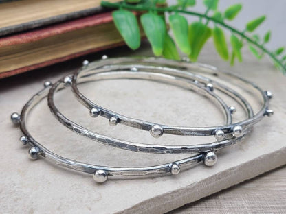 Rustic Sterling Silver Bangle Bracelet SET OF 3 / Hammered Bangles / Adorned / Sterling Baubles