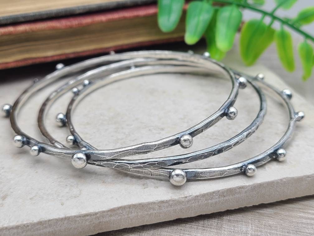 Rustic Sterling Silver Bangle Bracelet SET OF 3 / Hammered Bangles / Adorned / Sterling Baubles