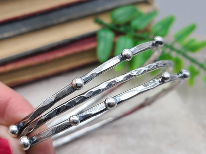 Rustic Sterling Silver Bangle Bracelet SET OF 3 / Hammered Bangles / Adorned / Sterling Baubles