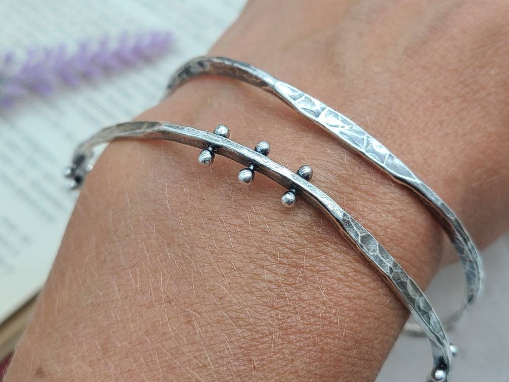 Rustic Sterling Silver Bangle Bracelet / Hammered /