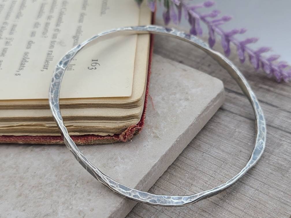 Rustic Sterling Silver Hammered Bangle Bracelet