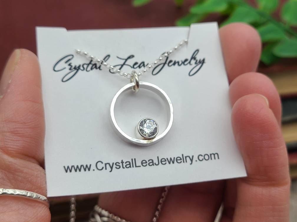 Sterling Circle Diamond CZ Necklace / Floating Diamond / Minimalist