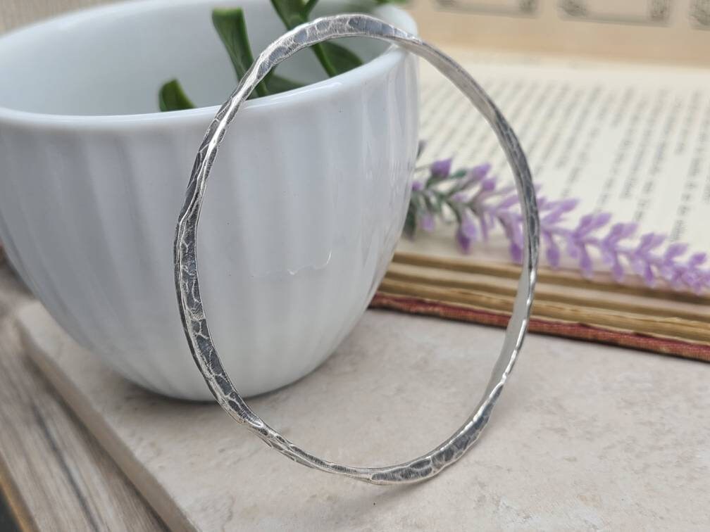 Rustic Sterling Silver Hammered Bangle Bracelet