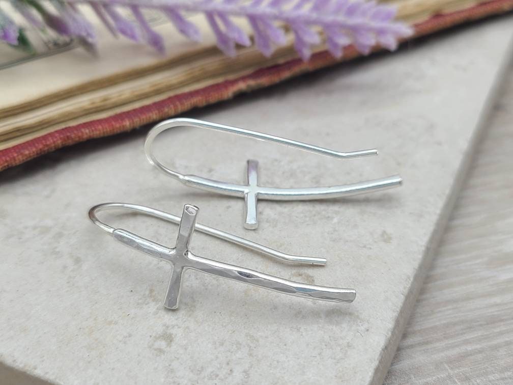 Sterling Silver Hammered Cross Threader Earrings