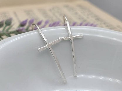 Sterling Silver Hammered Cross Threader Earrings