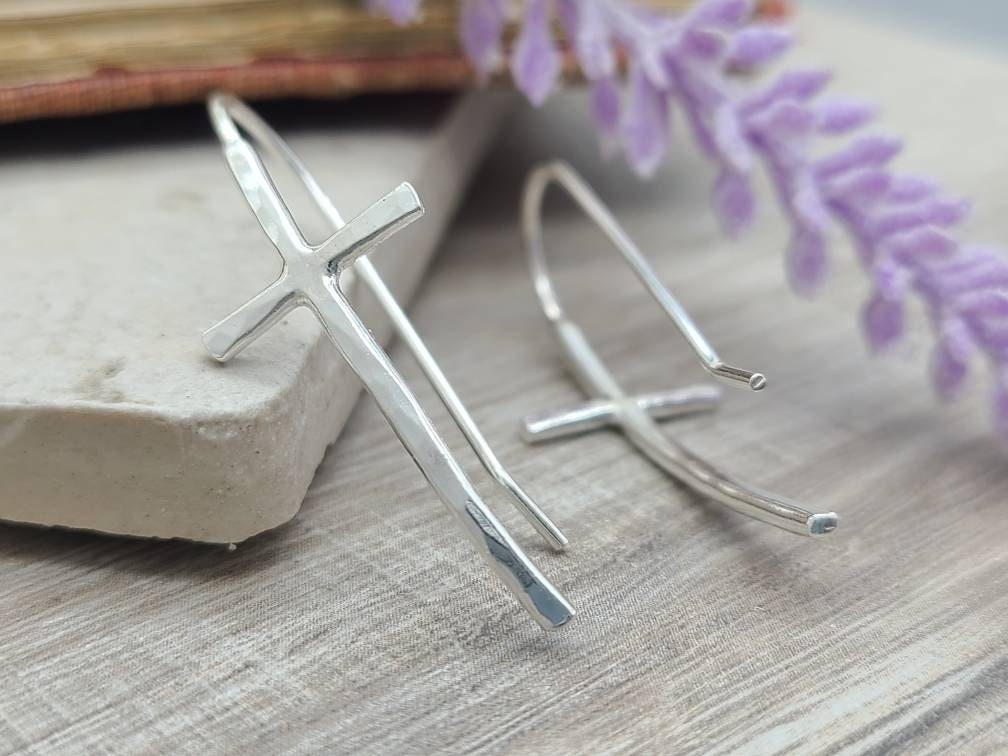 Sterling Silver Hammered Cross Threader Earrings