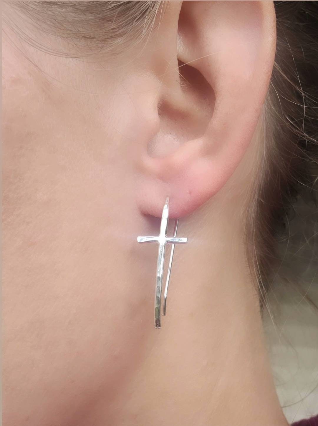 Sterling Silver Hammered Cross Threader Earrings