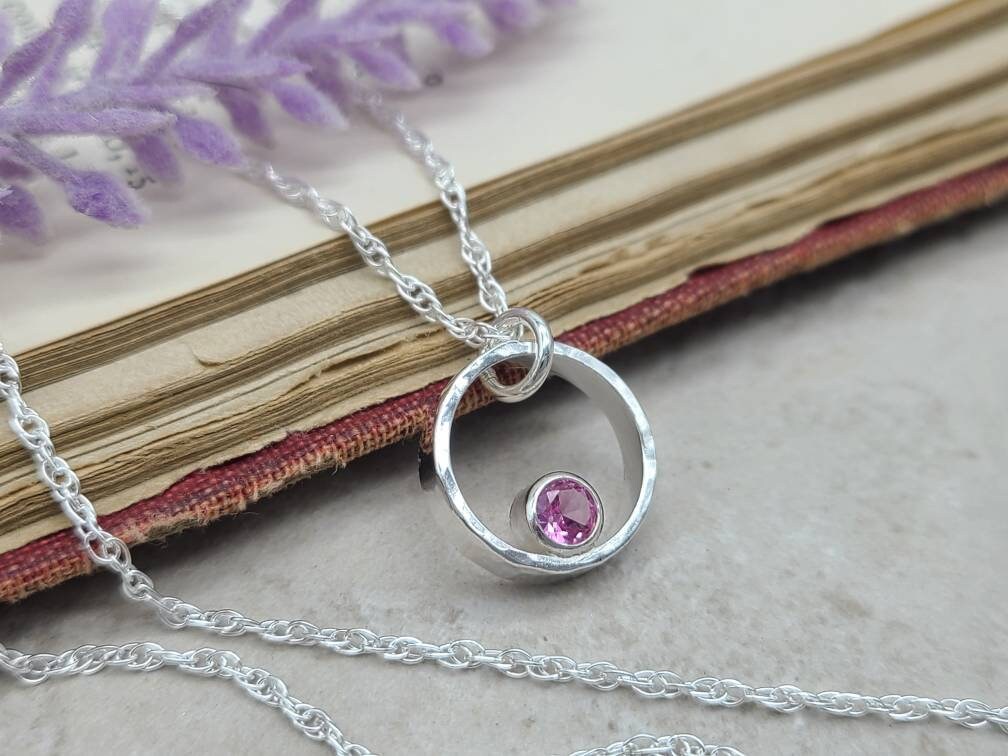 Sterling Silver & Pink Tourmaline Circle Pendant Necklace  / October Birthstone