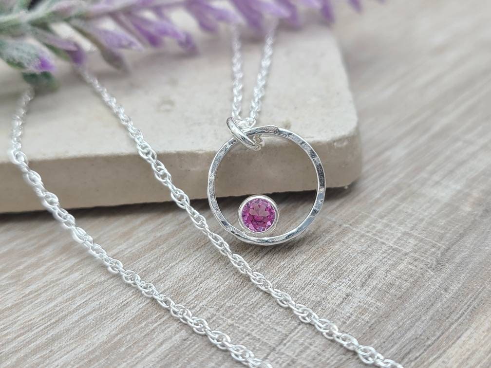 Sterling Silver & Pink Tourmaline Circle Pendant Necklace  / October Birthstone