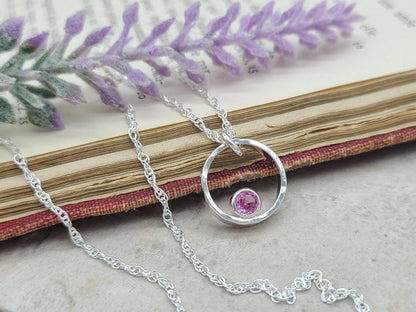 Sterling Silver & Pink Tourmaline Circle Pendant Necklace  / October Birthstone