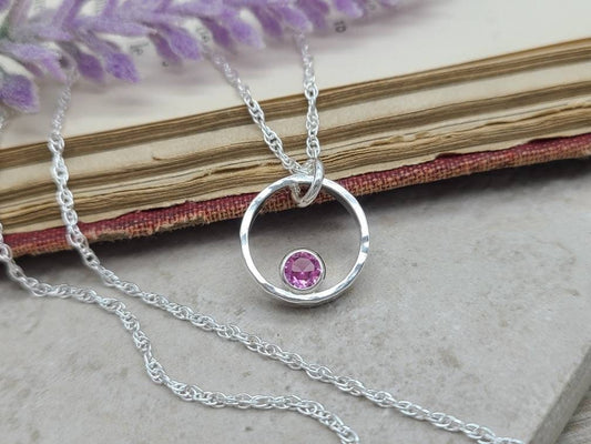 Sterling Silver & Pink Tourmaline Circle Pendant Necklace  / October Birthstone