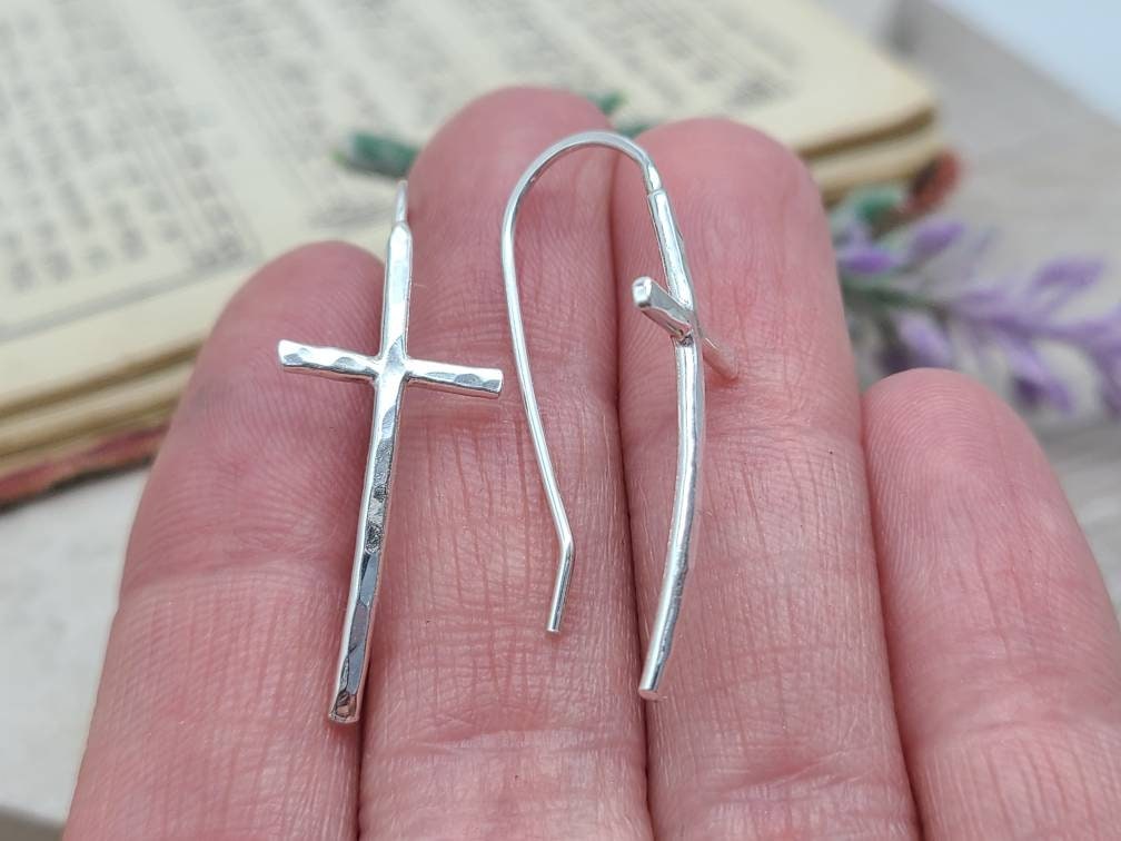 Sterling Silver Hammered Cross Threader Earrings