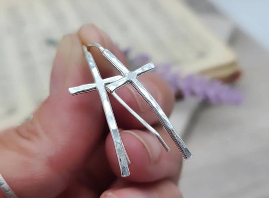 Sterling Silver Hammered Cross Threader Earrings