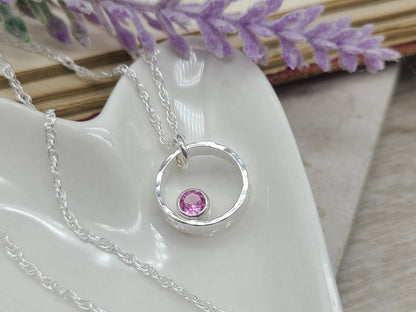 Sterling Silver & Pink Tourmaline Circle Pendant Necklace  / October Birthstone